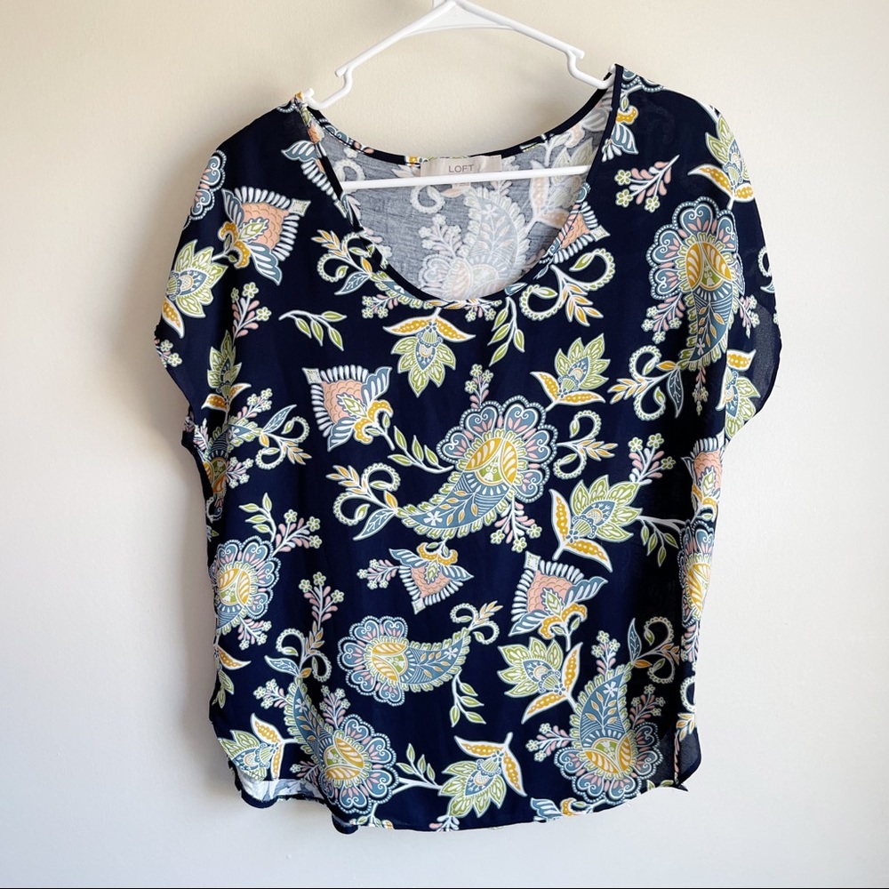 Loft Blue Paisley Mixed Media Short Sleeve Blouse